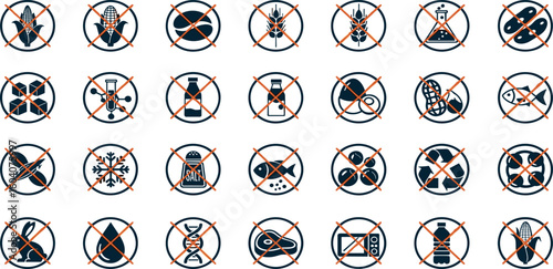 Allergen free badges. No sugar, gluten, lactose, oil free editable stroke thin outline icons set isolated on white background flat vector illustration