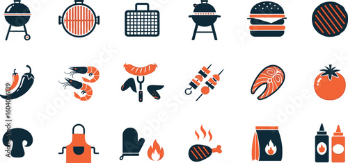 BBQ barbecue grill, meat, sausage, fish, chicken cooking editable stroke outline icons set isolated on white background flat vector illustration