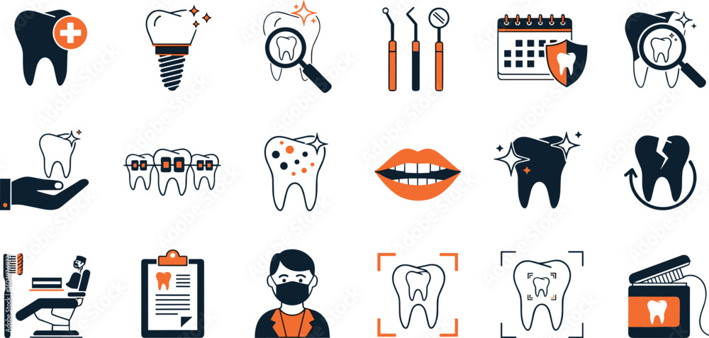 Dental care and stomatology editable stroke outline icons set isolated on white background flat vector illustration