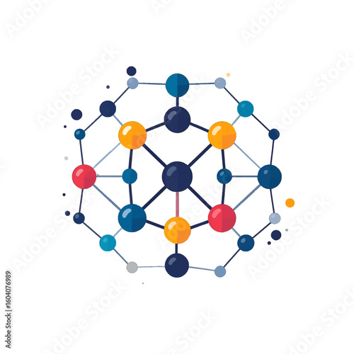 Stylized molecular network graphic with colorful interconnected spheres forming a symmetrical lattice structure.