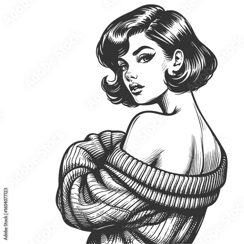 Woman in Sweater revealing shoulder sketch engraving generative ai fictional character vector illustration. Scratch board imitation. Black and white image.