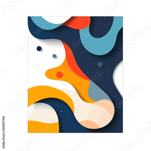 Dynamic composition of colorful, layered, fluid shapes with a paper-cut style.