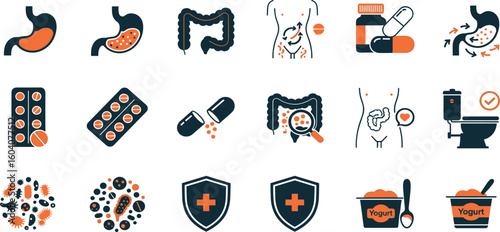 Digestion, intestine, stomach, and probiotics editable stroke outline icons set isolated on white background flat vector illustration.