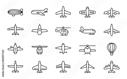 Aviation & Aircraft Line Icons: Airplane, Helicopter, Blimp, Hot Air Balloon & Flight Vector Set