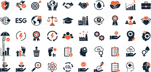  ESG Environmental Social Governance concept editable stroke outline icons set isolated on white background flat vector illustration.