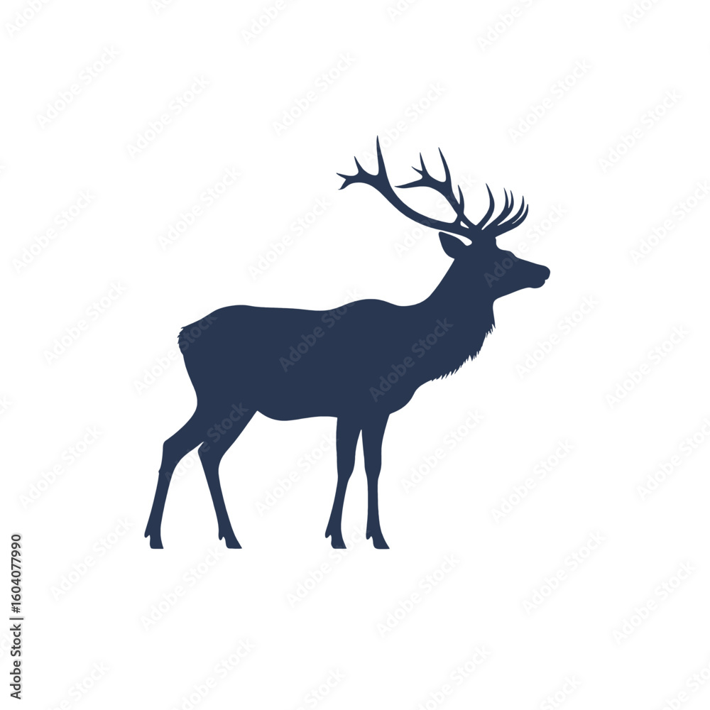 Elegant dark blue silhouette of a standing stag with large, branching antlers, shown in profile.