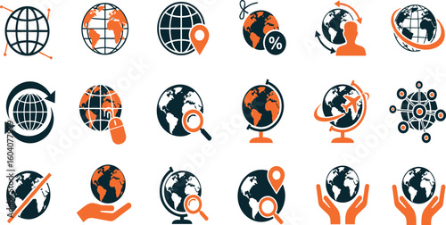 Globe and planet related editable stroke outline icons set isolated on white background flat vector illustration