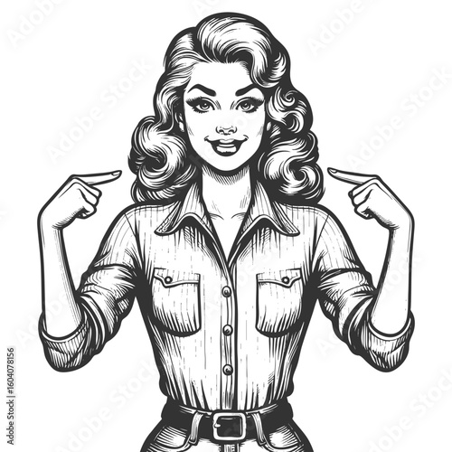 confident woman smiling and pointing at herself, expressing pride and self-assurance sketch engraving generative ai fictional character vector illustration. Scratch board. Black and white image.