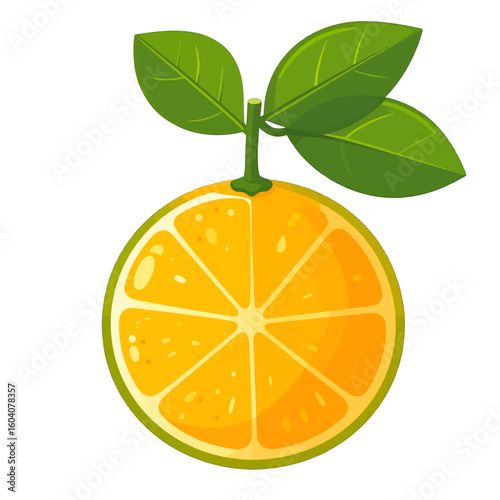 Glossy cartoon slice of a citrus fruit with green skin, bright orange pulp, and a stem with three leaves.