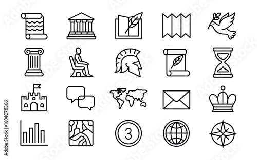 History Outline Vector Icon Set - Ancient Scroll, Museum, Map, Column, Wisdom & Knowledge Vector Set