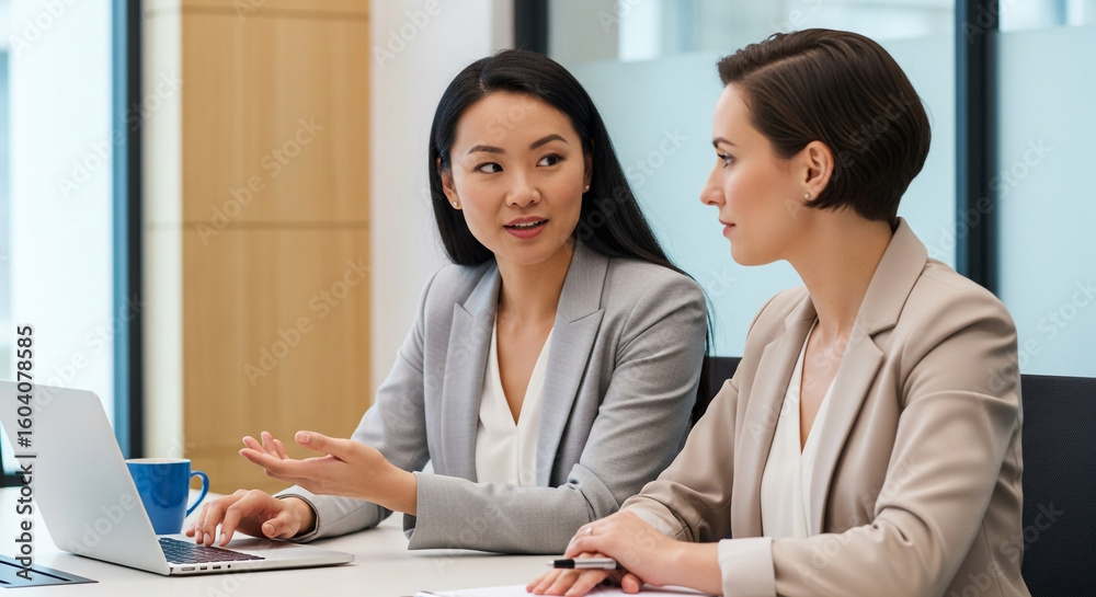 Fototapeta premium Two women in business suits at a table with a laptop actively discussing and gesturing during a work meeting