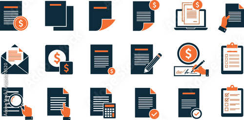 Invoice, bill, receipt, tax and payment concept editable stroke outline icons set isolated on white background flat vector illustration.