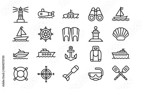 Marine & Nautical Adventure Vector Outline Icon Set - Lighthouse, Boat, Ship, Compass, Anchor & Ocean Travel Vector Set