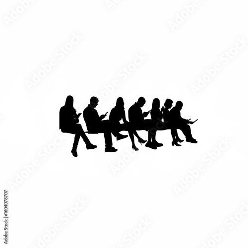 Silhouette of group sitting with everyone on phones on white background