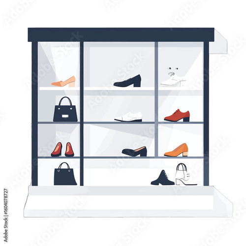 Minimalist illustration of a shoe store window with various women's shoes and bags on display shelves.