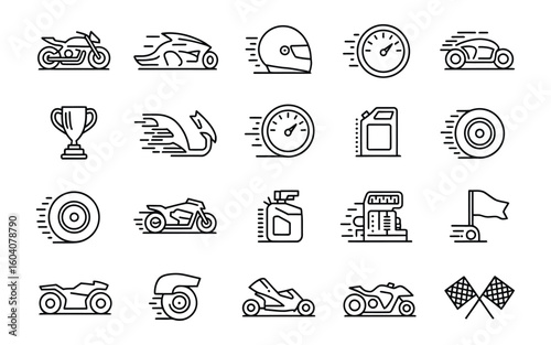 Motorcycle & Racing Vector Outline Icon Set - Speed, Helmet, Trophy, Fuel & Motor Sport Elements Vector Set