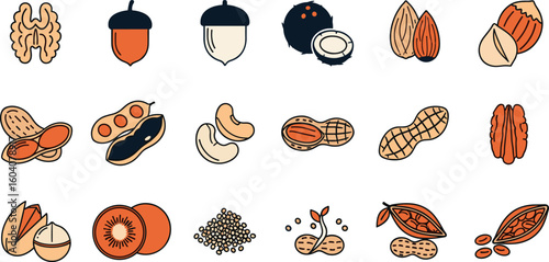 Nuts and seeds editable stroke outline icons set isolated on white background flat vector illustration