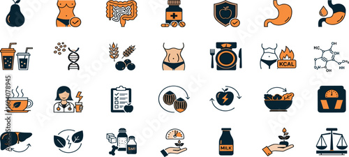 Nutrition, detox, healthy and organic, food, weight loss, diet, metabolism and BMI editable stroke outline icons set isolated on white background flat vector illustration