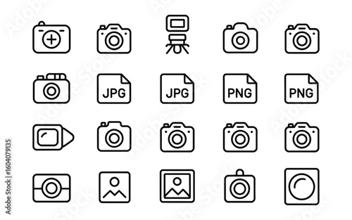 Photography Icon Set - Camera, Add Photo, Flash, JPEG, PNG, and Gallery Picture Vectors