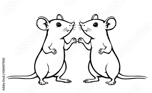 Two Standing Mice Facing Each Other – Black and White Vector Illustration