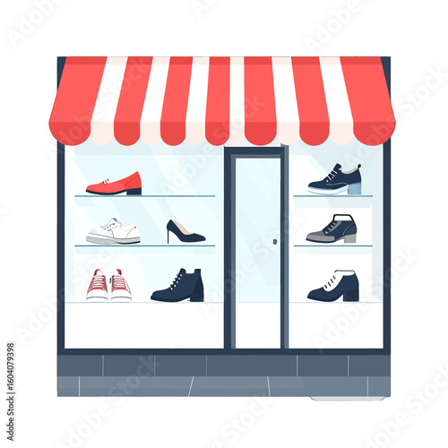 Shoe store facade with a red striped awning and a window display showcasing a variety of men's and women's footwear.