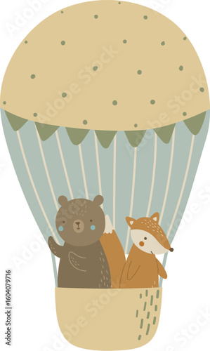 Illustration of a bear and a fox flying in a hot air balloon. Vector illustration for design, print, pattern, isolated on white background