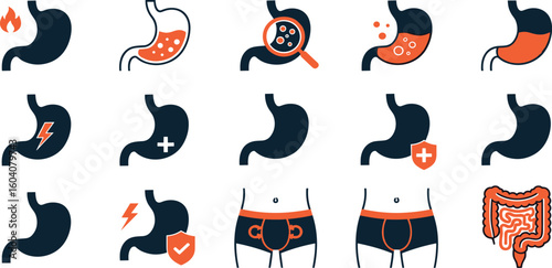 Stomach ache and pain related editable stroke outline icons set isolated on white background flat vector illustration.