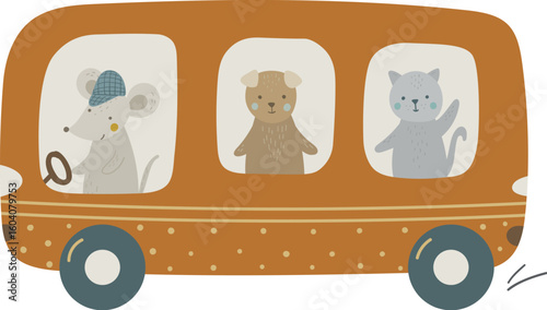 Animal friends: a mouse, a dog, and a cat on a bus. Vector illustration for design, print, pattern, isolated on white background