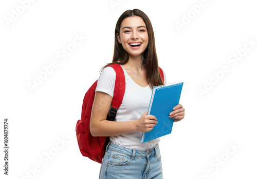 Happy young woman student with backpack and notebook isolated on transparent background