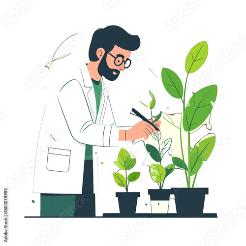 Bearded male scientist in a lab coat and glasses studying green potted plants, a flat vector illustration.