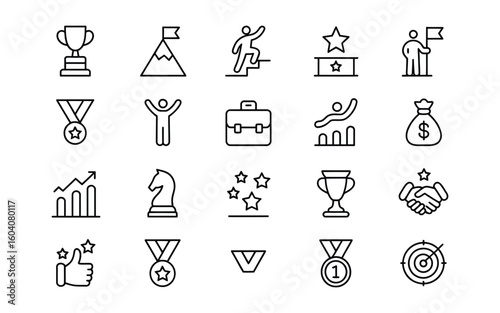 Success & Achievement Icon Set-Trophy, Medal, Goal, Business Growth, Winner, and Motivation Vector Collection