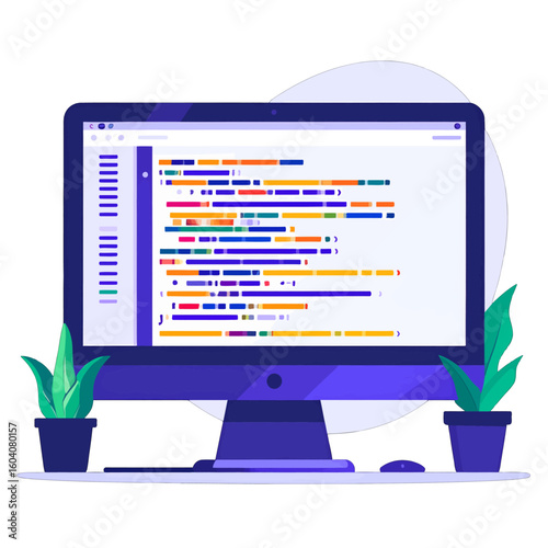 Modern desktop computer monitor with a dark blue frame, displaying colorful lines of programming code in a flat design style.