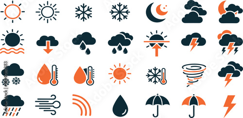 Weather and meteorology editable stroke outline icons set isolated on white background flat vector illustration.