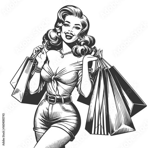 cheerful woman with long hair holding shopping bags and giving a thumbs up sketch engraving generative ai fictional character vector illustration. Scratch board imitation. Black and white image.