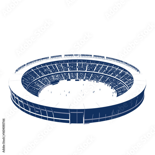 Stylized blue and white vector illustration of a large, circular sports stadium with a crowd.