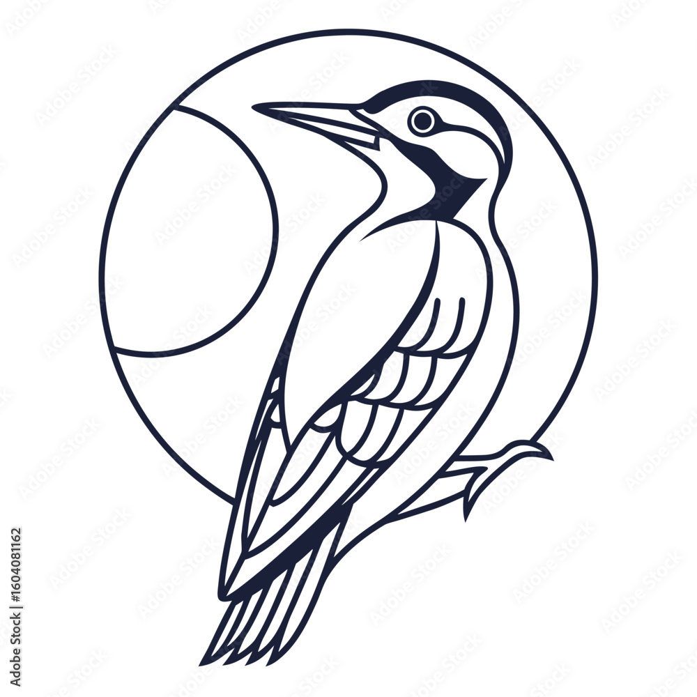 Obraz premium Dark Blue Line Art Woodpecker Bird Circle Design illustration