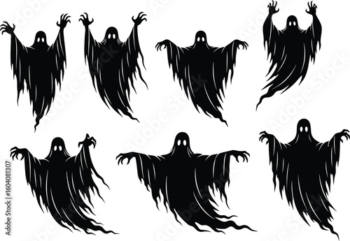 Collection of seven spooky black silhouette ghosts with tattered flowing robes and raised arms against a white background