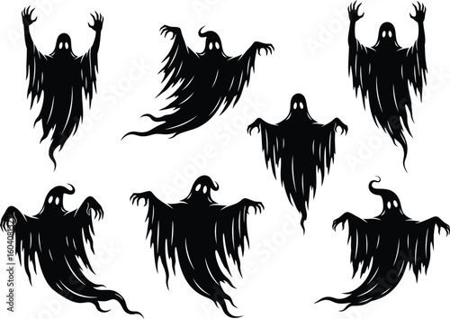 Collection of spooky black ghost silhouettes with tattered robes and raised arms on a white background