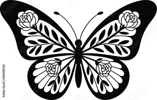 Ornate butterfly with floral wing patterns black and white