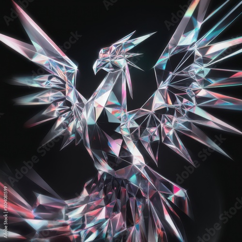 Iridescent Diamond Phoenix Rising on a Black Backdrop, Majestic Presentation