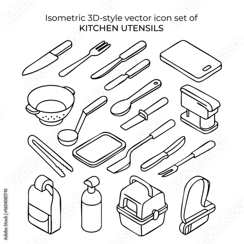 Isometric 3D vector icon set of kitchen utensils and cooking tools