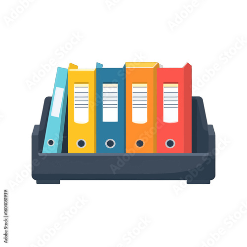 Row of colorful office ring binders with labels in a dark textured file holder.
