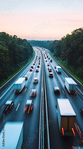 Highway traffic with cars and trucks driving at dusk with trees alongside the road
