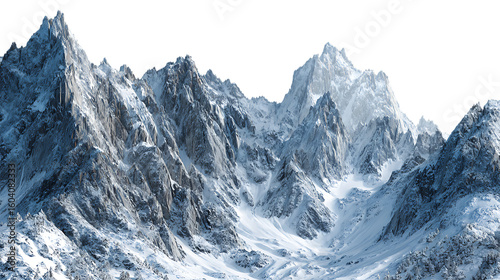 Dramatic mountain landscape with sharp snowdusted peaks isolated on transparent background