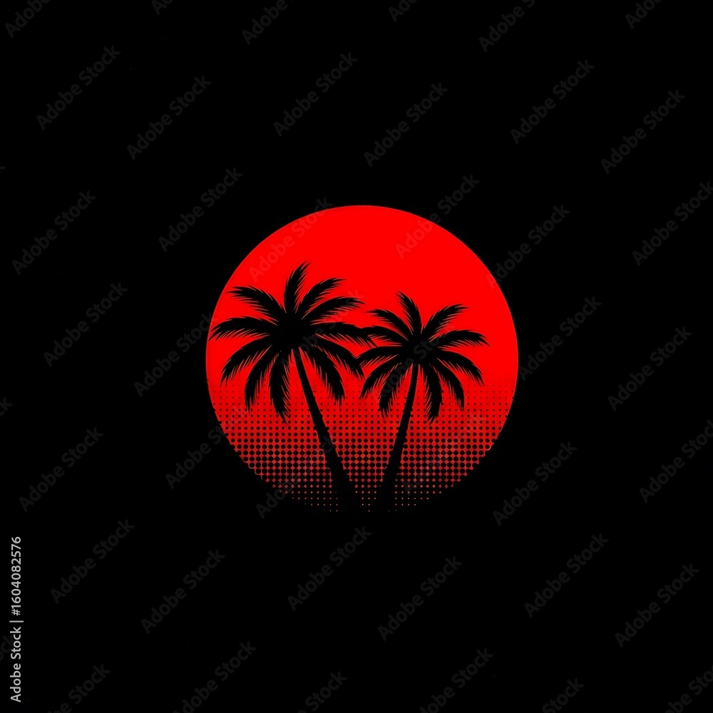 Fototapeta premium Retro Palm Tree Silhouette with Red Sunset Background and Halftone Texture on a Black Backdrop