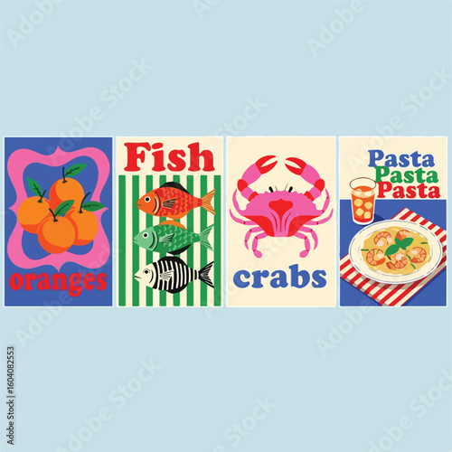 Colorful retro food illustrations featuring fish crabs and pasta
