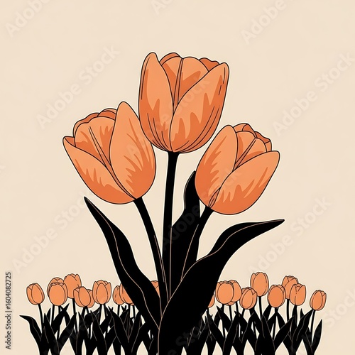 Elegant Orange Tulip Illustration with Black Stems and Leaves on a Creamy Background for Spring