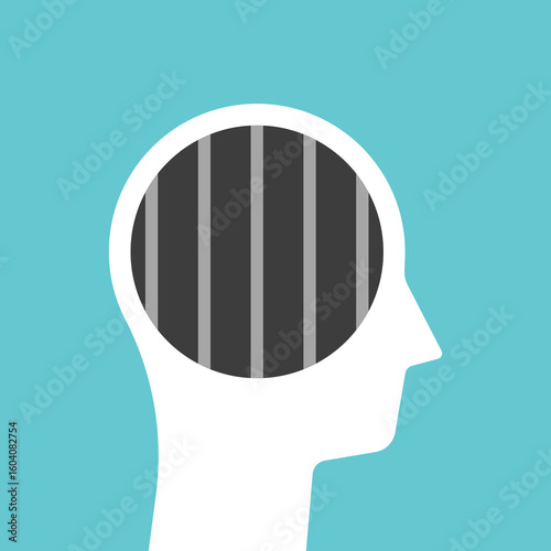 Head with jail bars. Control, unfreedom, human rights violation, political oppression, prohibition, ban, censorship, closed mind concept. Flat design. EPS 8 vector illustration