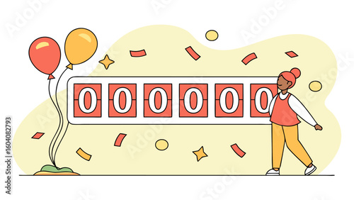 Celebration of zero achievements a person stands beside a counter displaying zeros amidst balloons and confetti