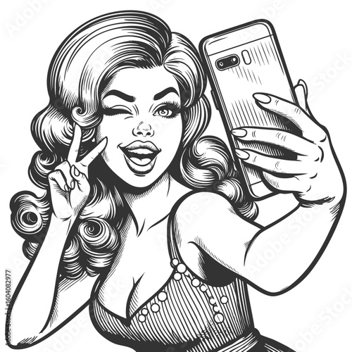 playful woman taking a selfie with a smartphone, winking and smiling confidently sketch engraving generative ai fictional character vector illustration. Scratch board imitation. Black and white image.